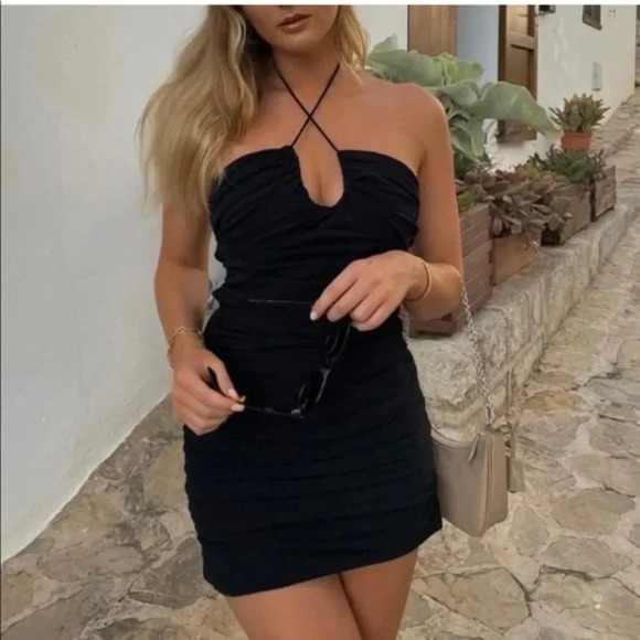 Zara  Halter Ruched Mini Dress Black Blogger Fav Sz L NWT - Picture 3 of 11